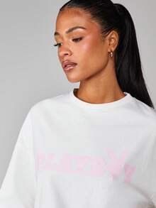 Missguided x Playboy 经典图案印花超大 T 恤夏季休闲街头装舒适剪裁圆领侧开衩棉混纺宽松剪裁柔软家居服 - 白色 - 查看 6