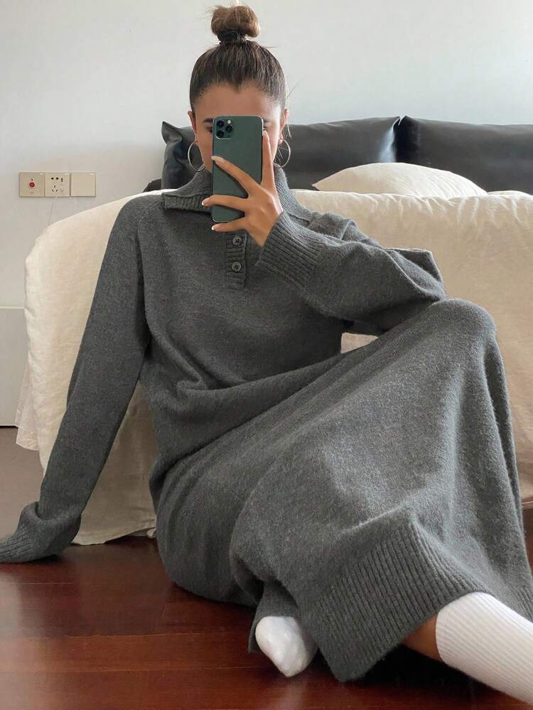 Women's Loose Casual Gray Polo Collar Knitted Dress, Autumn/Winter Sweater Dress
