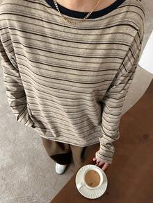 Dazy Plus Áo thun tay dài kẻ sọc rộng rãi, thoải mái, họa tiết chắp vá màu sắc cho nữ, mùa xuân/thu - Màu Khaki - Xem 6