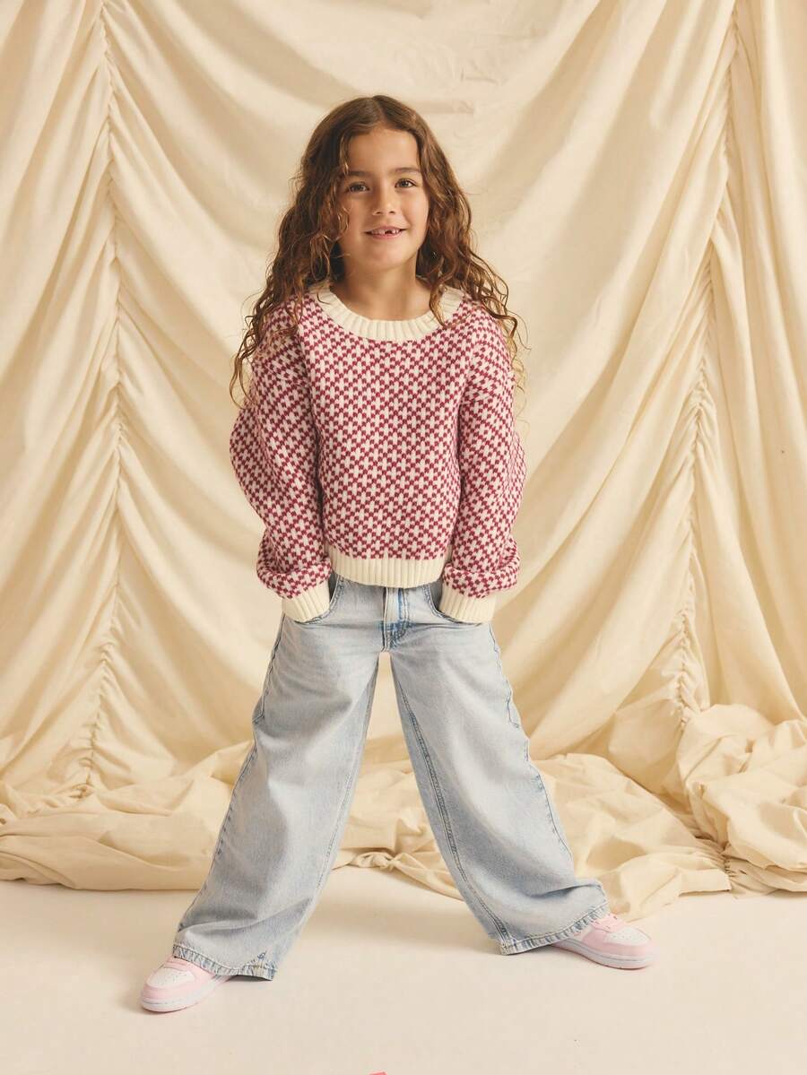 Suéter holgado de cuello redondo con ribete de contraste, informal para niña, otoño/invierno