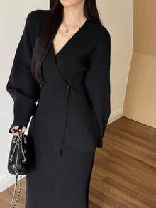 DAZY 2pcs/Set Women Elegant Fitted Sweater Set, Autumn/Winter - Black - View 6