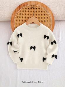Cozy Pixies Ung flicka färgblocksmönster rosettdekor rund halsringning nedsänkt axeltröja, minimalistisk stil basic, lämplig för höst/vinter inomhus, utomhusskidåkning, vardagskläder, sport, lek, fest, fotografering, jul - Vitt - Visa 1