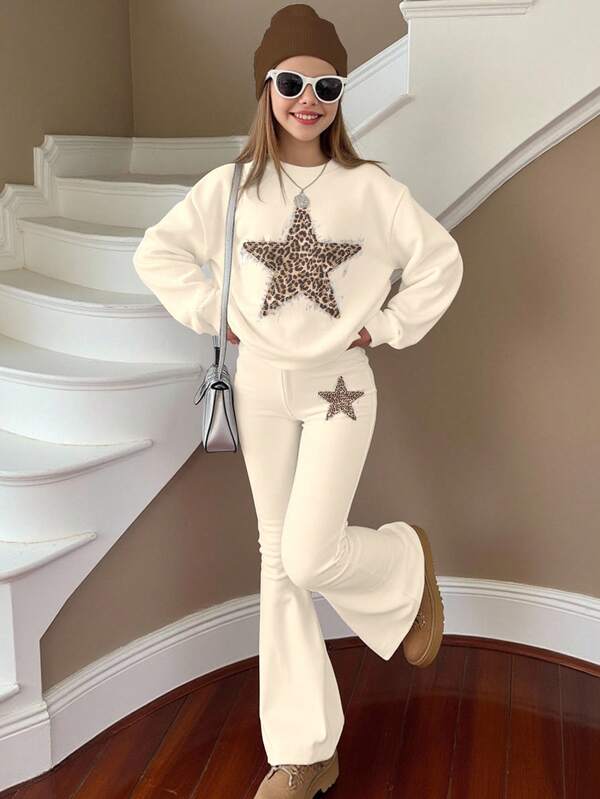 Cream Beige, Retro Leopard Star Pattern, Teen Girls Casual Comfortable Thick Soft Loose Crew Neck Sweatshirt And Flared Thick Pants 2 Pieces Set, Suitable For Autumn/Winter Daily, Street Style, Campus, Home, Cozy Season, Autumn & Winter Outfits , Easy Comfort, Autumn & Winter Layers For Girls, Stylish Girls, Casual Wear, Kids Star Graphic Clothes, Fall & Winter Clothes, Chic Autumn, Fall New Style, Homecoming, Winter Fashion, Chill Chill