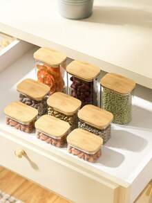 Premium Wooden Lid Square Grain Canister | Airtight Food Storage Container For Cereal, Nuts, Coffee & Candy - transparente - Ver 7