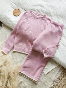 Vintaside Kids 2件套女童可爱花卉针织套装、上衣和裤子 - 粉色 - 查看 3