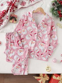 青少年女孩圣诞主题睡衣套装，圣诞老人和雪花全身印花，阻燃，优雅舒适的长袖上衣和裤子，2 件套，节日礼物 - 粉色 - 查看 1