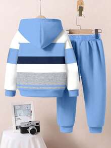 SHEIN 2 Stücke/Set Lässiger, stilvoller, klassischer Farbblock Loose Fit Hoodie Sweatshirt und Jogginghose Set für Kleine Jungen, geeignet für Herbst/Winter - Verschiedenfarbig - Übersicht 3