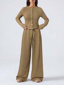LYSMO 2件套女士针织条纹舒适柔软休闲套装 - 卡其色 - 查看 4