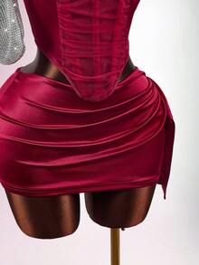 Amplova 女士鱼骨文胸上衣两件套，性感前卫，适合秋冬派对装搭配裹身性感迷你裙 - 紅色 - 查看 9