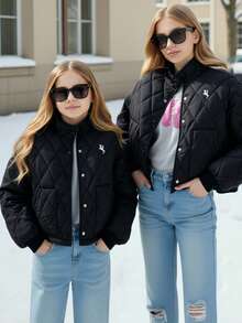 1件女童绗缝立领刺绣休闲冬季外套 - 黑色 - 查看 3