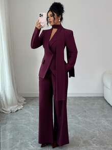 Siren Gaze 三件套时尚商务双排扣西装外套和裤子套装，女士西装裤套装，适合婚礼等正式场合，两件套女士裤装，圣诞红色女士浆果色三件套套装，休闲女装，适合通勤、复古和正式场合，例如商务休闲、工作和教学。 - 酒紅色 - 查看 5