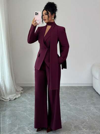 Siren Gaze Deep Purple,Autumn,Elegent,Evening 3pcs/Set Women's Fashion Double-Breasted Blazer And Pants Suit Formal Two Pieces Set Berry-Colored Casual Outfit