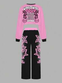 Slaydiva Women's Two Pieces Set,Black And Pink Cartoon Character Graphic Loose Sports Streetwear,Winter Everyday Street Wear Y2k Fall Clothes For Hip Hop - Multicolor - View 5
