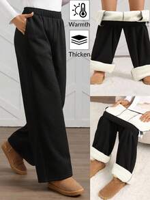Easowa Women's Thermal Lined Straight Leg Pants With Pockets And Elastic Waistband, Black, Autumn/Winter Winter Women Clothes - Black - View 2
