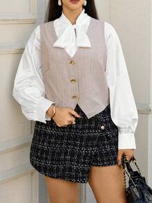 SHEIN LUNE 大码女式金属单排扣休闲背心，适合新年派对、优雅女士、优雅女式衬衫、休闲女式衬衫、夏季度假背心和学院风上衣，毛衣背心，教师衬衫，法式风格 - 卡其色 - 查看 6