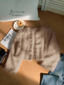 SHEIN Privé 秋冬大码女式仿皮草无领夹克 - 卡其色 - 查看 5