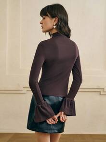 INAWLY Áo len dệt kim tay dài màu trơn cổ đứng cài nút cổ điển tay loe - màu nâu - Xem 2