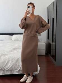 DAZY 女式纯色 V 领落肩长袖毛衣和针织中长裙两件套休闲套装，秋冬 - 咖啡棕 - 查看 5