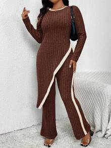 SHEIN Frenchy 女士加大码不对称下摆优雅针织两件套 - 彩色 - 查看 1