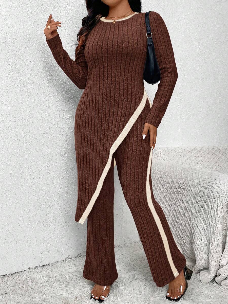 SHEIN Frenchy 女士加大码不对称下摆优雅针织两件套 - 彩色 - 查看 1