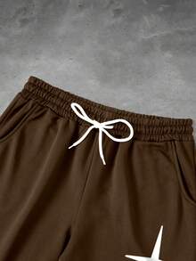 PAVTROS 2 件男士脸部和字母印花休闲连帽衫和运动裤套装，适合室内和室外，秋季服装 - 棕色 - 查看 4