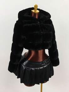 Y2K Amplova Women's Solid Color Long Sleeve Zip-Up Hooded Faux Fur Trim Short Jacket, Winter, Autumn/Winter Thanksgiving And New Year Party Dress - Black - View 7