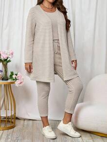 EMERY ROSE Conjunto de 3 piezas talla grande: Chaqueta de manga larga de punto acanalado de unicolor, chaleco de cuello redondo y pantalones casuales con lazo delantero, conjunto de otoño para mujer - Albaricoque - Ver 3