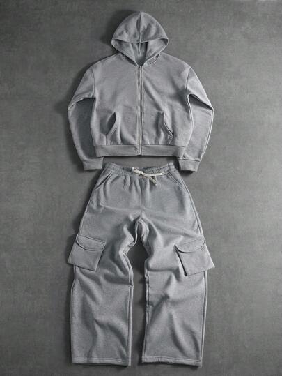 Manfinity EMRG Men's Casual Solid Color Zip-Up Hoodie Set Men S Jogging Set Men S Two Piece Set Grey Two Piece Set Men S Co Ord Set Men S Sweatsuit Set