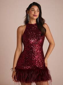 Enchnt Abito mini senza maniche con patchwork di paillettes, moda per feste