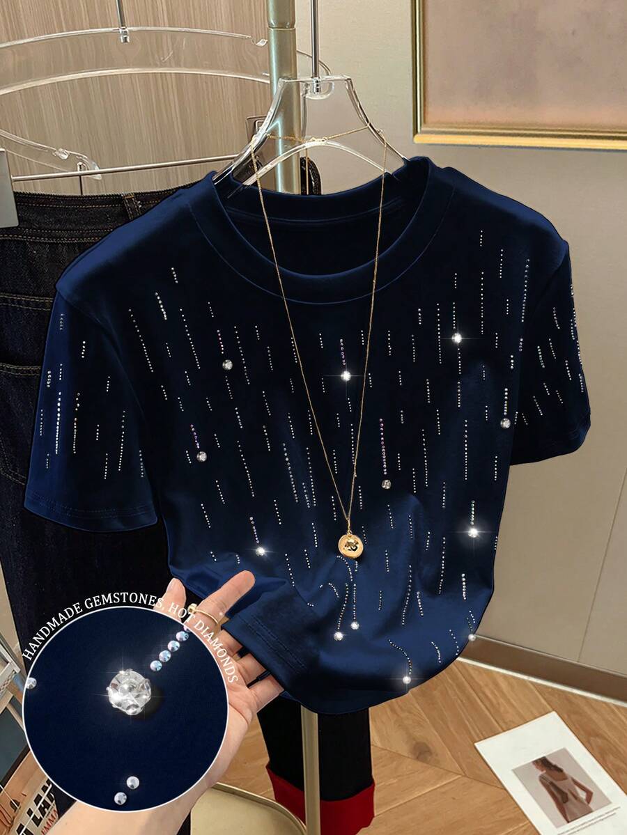Resyla Shiny Rhinestone Embellished Minimalist Women's Regular Crew Neck Short Sleeve T-Shirt, Gift For Friends - Navy Blue - View 1