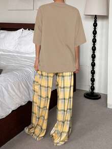 DAZY Women's Casual Puppy Letter Print T-Shirt Top & Plaid Loose Pants Pajama Set - Khaki - View 2