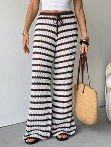 SHEIN Tall Striped Pattern Knotted Casual Versatile Wide Leg Knit Pants - Brown - View 4