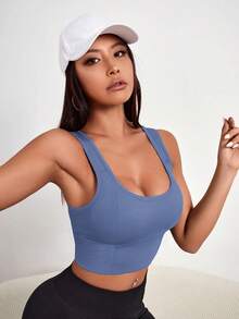Gameset SHEIN Sport 女士方领简约纯色无缝可拆卸衬垫运动文胸 - 藍色 - 查看 2