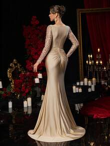 Glamrae 优雅奢华串珠亮片拼接弹力针织泳衣，透明长袖，性感开衩鱼尾裙，适合婚礼、派对、度假、庆典、晚礼服（大量装饰） - 香檳色 - 查看 3