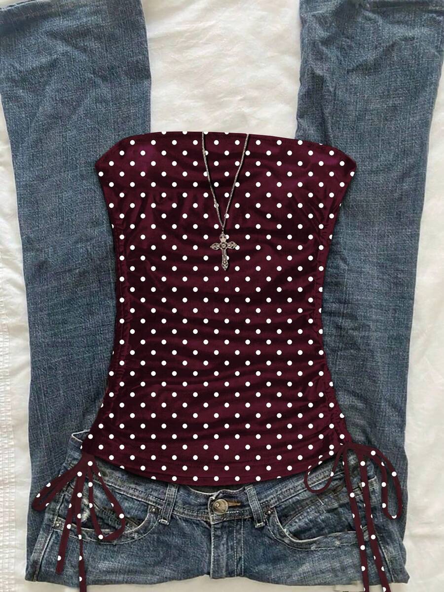 SHEIN EZwear Women's Casual Drawstring Tie-Front Cropped Tube Top - Burgundy - View 1