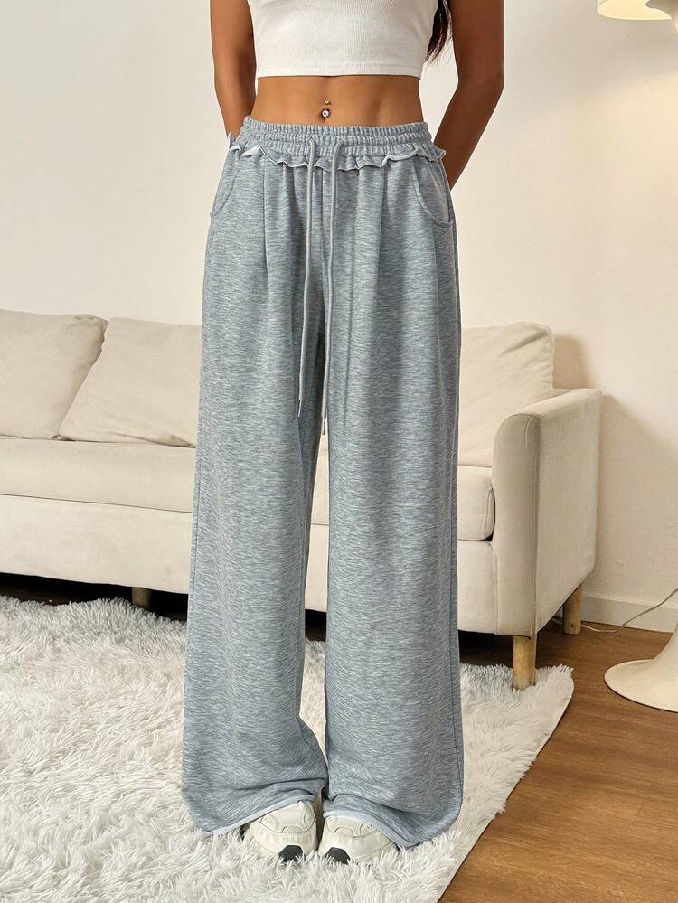 SHEIN PETITE 女士夏季街头服饰外出休闲运动基本款法式灰色松紧腰带直筒宽松裤 - 灰色 - 查看 9