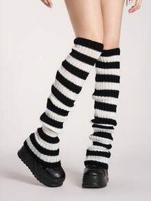 ROMWE Goth 1双女士纯色针织加长腿套，深紫色和黑色条纹，适合所有季节 - 黑與白 - 查看 3