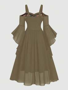 Sweetra Printed Patchwork Bustier Tie Strap Flare Sleeve Plus Size Dress - Camel - View 2