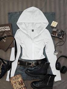 SHEIN EZwear Casual Vintage Printed Pattern White Women's Solid Color Fitted Hoodie T-Shirt, Autumn Graphic - White - View 2