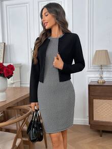 EMERY ROSE 2 件套女士休闲通勤纯色长袖上衣和格子无袖连衣裙套装 - 黑與白 - 查看 7