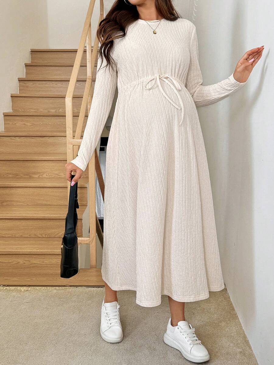 SHEIN 孕妇纯色圆领长袖腰系带休闲连衣裙 - 杏色 - 查看 1