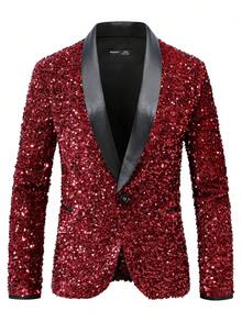 Manfinity AFTRDRK Bộ vest thời trang cổ khăn choàng tay dài có cầu vai sáng bóng cho nam - Màu Đỏ Sâu - Xem 5