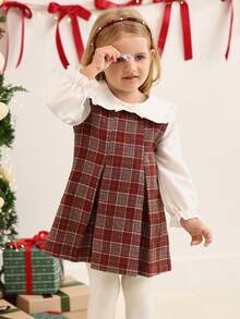 SHEIN Váy thu cho trẻ sơ sinh và bé gái, 6 tháng - 3 tuổi, họa tiết kẻ caro đỏ thời trang phong cách trường học có nơ 3D, cổ nhún bèo, tay bồng, thoải mái và mềm mại, thích hợp mặc vào mùa xuân, mùa thu, mùa đông, mặc thường ngày, làm quà tặng - Màu Đỏ Sâu - Xem 6