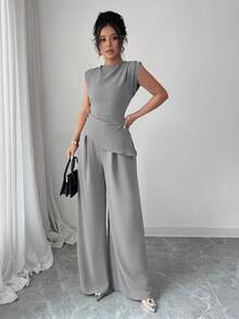 Rafferiza 2件套女士纯色纹理褶皱圆领无袖上衣 - 灰色 - 查看 5