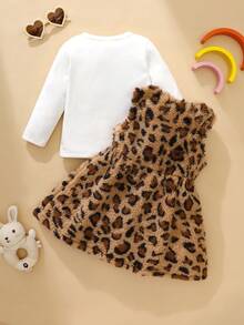 SHEIN Toddler Girls' Cute Leopard Plush Dress, Embroidered Rabbit Pattern Dress With Long Sleeve T-Shirt Combo, Back To School Outfit - Khaki - View 3