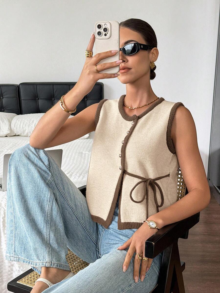 Serisse 秋季新款撞色饰边系带针织背心 - 棕色 - 查看 1