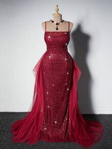 Viva Relle Plus Size Women Solid Color Sequin Contrast Mesh Ruffle Hem Slip Dress - Burgundy - View 2