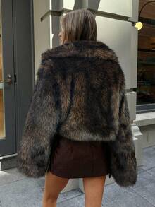 Aloruh Women's Retro Faux Fur Collar Open Front Plush Winter Coat, Fashion Outerwear,Women's Winter Clothes - Brown - View 2