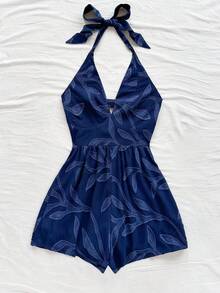 Soleia 女士度假棕色柳条纹理 V 领露背系带蝴蝶结开襟连体衣，适合海滩、音乐节、嬉皮士、派对、约会、下午茶 - 藏蓝色 - 查看 4