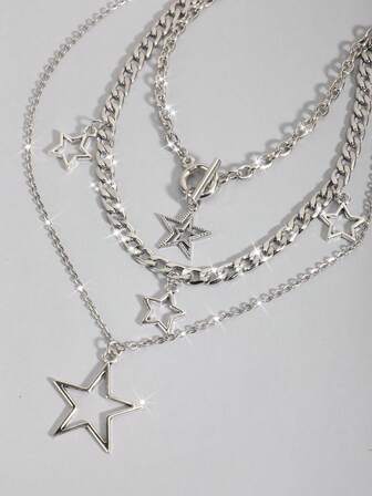 Goth 2 pezzi Collana con pendente a stella stile vintage punk con strass, collana a catena a doppio strato con stelle luccicanti di lusso, choker da streetwear